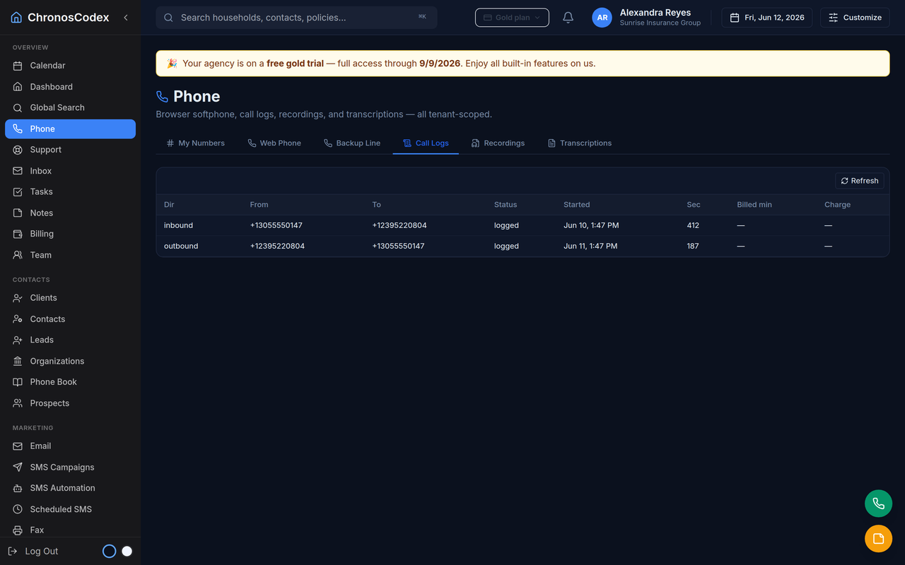 A CRM call log with direction, duration and status