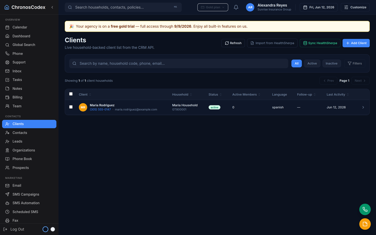 The Clients list with search and filters