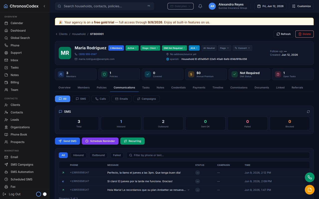 AI-classified bilingual SMS on a client record inside ChronosCodex