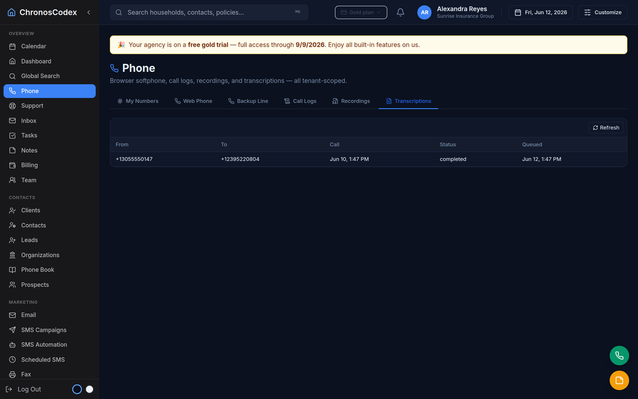 A transcription queue for recorded calls inside a CRM